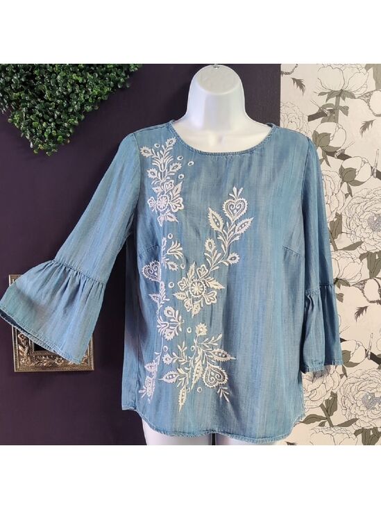 crown & ivy Tops - Crown & Ivy Blue Blouse with White Embroidery